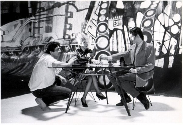 Director Dominic Orlando, Terri Nunn and John Crawford on the set of The Metro