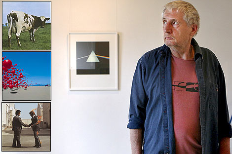 The late Storm Thorgerson, next to a few of the legendary album covers he designed.